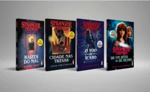 As capas dos livros de Stranger Things apresentam uma identidade visual marcada pelo suspense, pelo mistério e pelos elementos sobrenaturais característicos da franquia. Os tons escuros, as luzes em vermelho e azul e os cenários sombrios ajudam a transmitir o clima de tensão presente nas histórias. Além disso, as ilustrações destacam personagens em situações de perigo ou mistério, criando conexão direta com os acontecimentos ligados ao Mundo Invertido.