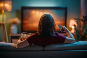 Melhores séries para assistir: 50 opções imperdíveis para maratonar agora Mulher sentada no sofá, com balde de pipoca vendo séries