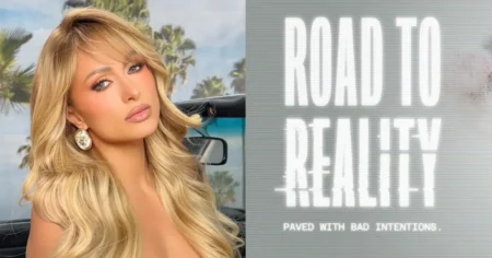 Montagem mostra Paris Hilton ao lado do pôster de Road To Reality, filme de terror sobre os bastidores de reality shows.