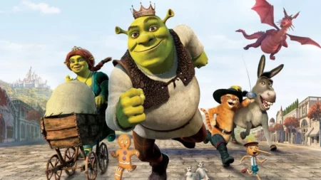 Arte oficial de Shrek 3 com os personagens da animação.