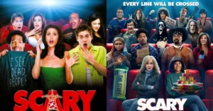 Todo Mundo em Pânico 6 resgata visual dos anos 2000 em novo pôster; veja Montagem compara o cartaz clássico de Todo Mundo em Pânico com o novo pôster de Todo Mundo em Pânico 6 em uma sala de cinema