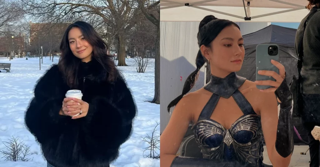 De Repente 30 escala estrela de Mortal Kombat 2; veja novidade Adeline Rudolph aparece em montagem com casaco preto em cenário de neve e figurino de bastidor de Mortal Kombat