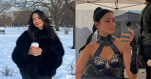 De Repente 30 escala estrela de Mortal Kombat 2; veja novidade Adeline Rudolph aparece em montagem com casaco preto em cenário de neve e figurino de bastidor de Mortal Kombat