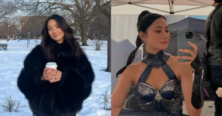 Adeline Rudolph aparece em montagem com casaco preto em cenário de neve e figurino de bastidor de Mortal Kombat