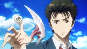 Personagem de Parasyte exibe sua mão transformada em uma criatura alienígena com olho e lâmina afiada, cena marcante de um dos animes de terror mais populares do gênero.