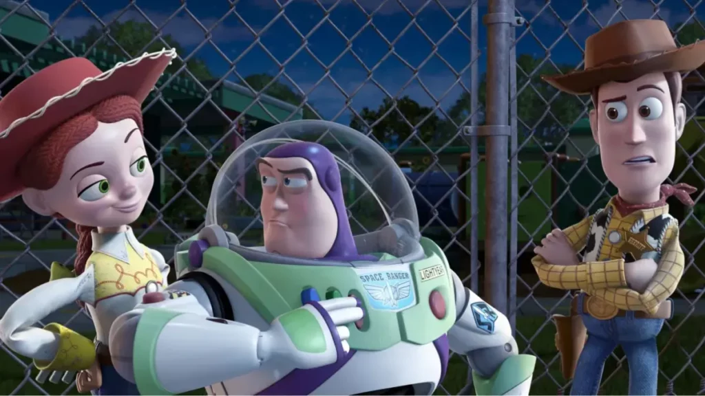 Jessie, Buzz Lightyear e Woody aparecem juntos em cena.