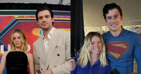 Superman da vida real: David Corenswet defende Milly Alcock no tapete vermelho Montagem mostra David Corenswet ao lado de Milly Alcock em evento de Supergirl e em bastidor usando uniforme de Superman