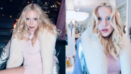 Madonna expõe cancelamento de cinebiografia e revela impasse com estúdio; entenda Madonna posa com vestido rosa claro e casaco de pelos brancos em duas fotos compartilhadas nas redes sociais.