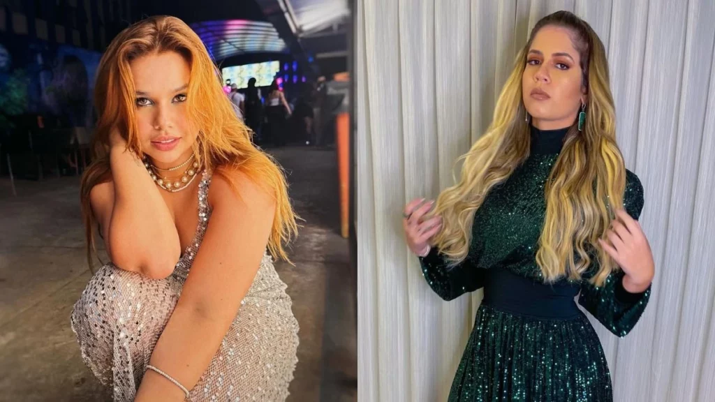 Cinebiografia de Marília Mendonça revela atriz que dará vida à sertaneja; confira Montagem com duas fotos, uma de Marina Versos e outra de Marília Mendonça. À esquerda, Versos usa vestido prateado brilhante e colares de pérolas. À direita, Mendonça posa com vestido verde de mangas longas e tecido cintilante diante de uma cortina clara.