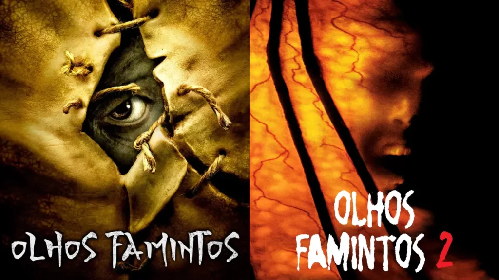 Montagem com os pôsteres dos filmes Olhos Famintos e Olhos Famintos 2. À esquerda, um olho aparece por trás de uma máscara costurada; à direita, um rosto em tom alaranjado surge entre sombras. Os títulos dos filmes estão destacados na parte inferior das imagens.
