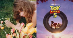 Taylor Swift aparece deitada na grama ao lado do pôster de Toy Story 5, que mostra brinquedos diante de um pneu suspenso