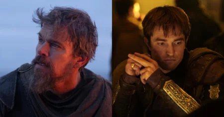 Montagem mostra Matt Damon caracterizado como Odisseu e Robert Pattinson como Antínoo em cenas do filme A Odisseia