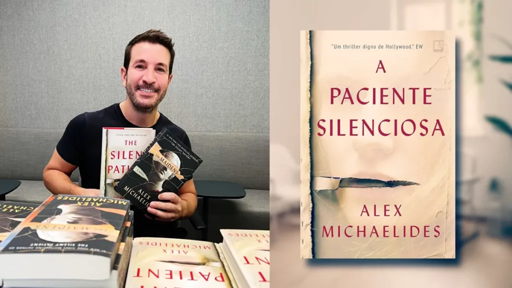 A Paciente Silenciosa vai virar filme; confira os detalhes Montagem de fotos com alex michaelides e a capa do livro A Paciente Silenciosa