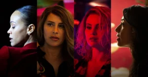 Diretor de Emilia Pérez mergulha no terror em novo filme da Netflix Quatro personagens de Emilia Pérez aparecem em montagem com iluminação vermelha e fundo escuro