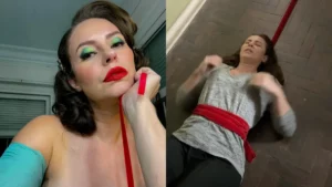 Montagem mostra Paolla Oliveira como a personagem Ana em Herança de Narcisa e, ao lado, nos bastidores da gravação de uma cena realizada sem o auxílio de dublês.