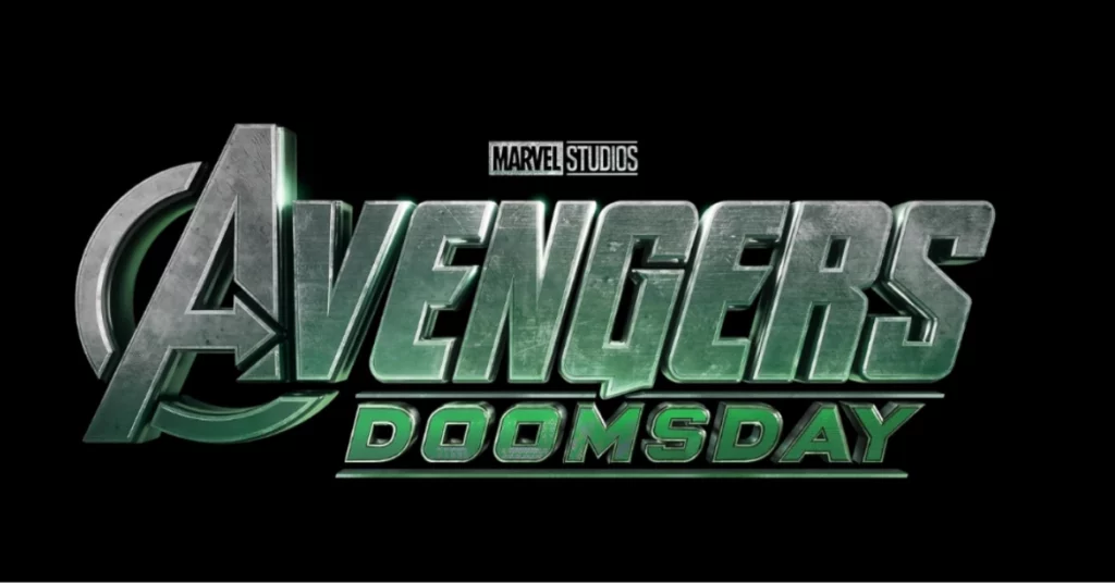 Logo oficial de Vingadores: Doutor Destino em tons de verde e prata sobre fundo preto
