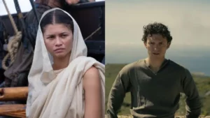 Zendaya revela reação sobre Tom Holland em A Odisseia: ‘fiquei nas nuvens’ Montagem com duas fotos lado a lado. À esquerda, a atriz Zendaya aparece com uma expressão séria, vestindo um tecido claro drapeado que cobre sua cabeça e ombros como um manto. À direita, o ator Tom Holland veste uma túnica rústica verde-oliva de mangas longas, olhando para frente com expressão atenta e cabelos cacheados, com uma paisagem ao fundo.