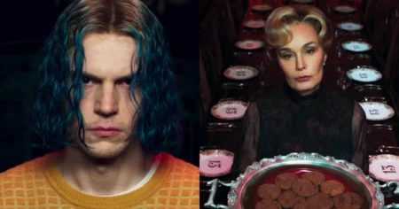 Montagem com cenas do teaser de American Horror Story 13: à esquerda, homem de cabelos escuros encara a câmera; à direita, mulher loira aparece diante de recipientes marcados com o número 13
