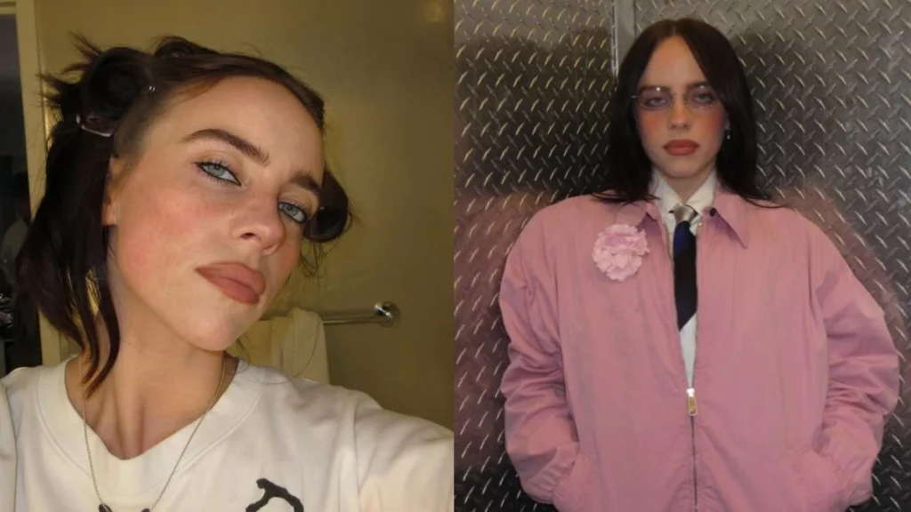 Billie Eilish surge caracterizada em filmagem que marca estreia no cinema; confira Duas fotos lado a lado da cantora e atriz Billie Eilish; à esquerda, close casual; à direita, jaqueta rosa e gravata.