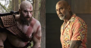 Dave Bautista vira peça central de God of War após troca no elenco Montagem mostra Kratos à esquerda, com barba, pintura corporal vermelha e traje de guerreiro em uma floresta; à direita, Dave Bautista aparece de camisa floral em ambiente interno