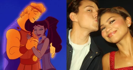 Montagem mostra, à esquerda, Hércules e Mégara juntos em cena da animação lançada pela Disney em 1997 e, à direita, Tom Holland beijando a cabeça de Zendaya durante um registro do casal