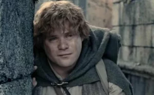 Ator de O Senhor dos Anéis expõe cachê baixo e venda de casa durante trilogia Sean Astin como hobbit Samwise Gamgee. Personagem com capa e mochila encosta em parede de pedra, com expressão emocionada, em cena de fantasia medieval.