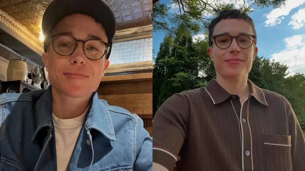 Elliot Page revela dificuldade para conseguir novos papéis após A Odisseia: ‘Complicado’ Elliot Page aparece em duas fotos, usando boné e jaqueta jeans à esquerda e camisa marrom à direita.