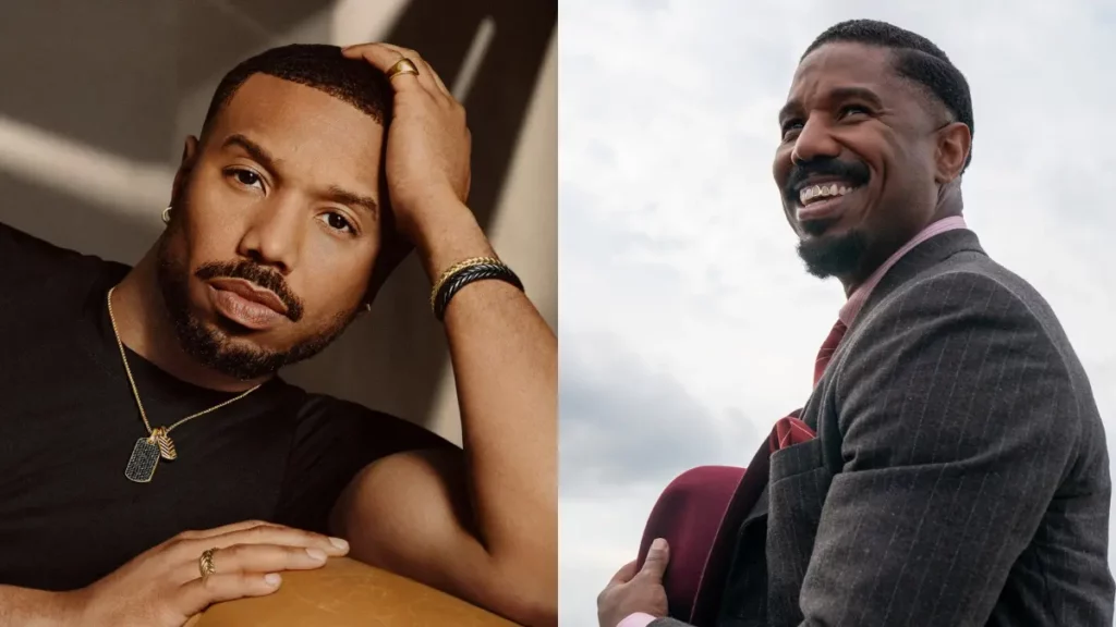 Michael B. Jordan revela pausa na carreira após Oscar: ‘Hora de desligar’ Michael B. Jordan aparece em duas fotos, uma com camiseta preta e outra usando terno escuro e segurando um chapéu vermelho
