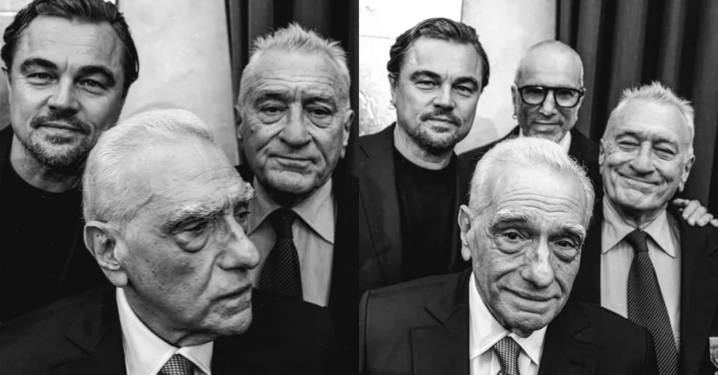 Montagem em preto e branco mostra quatro nomes de Hollywood reunidos durante cerimônia em Nova York, juntos somam 7 Oscars