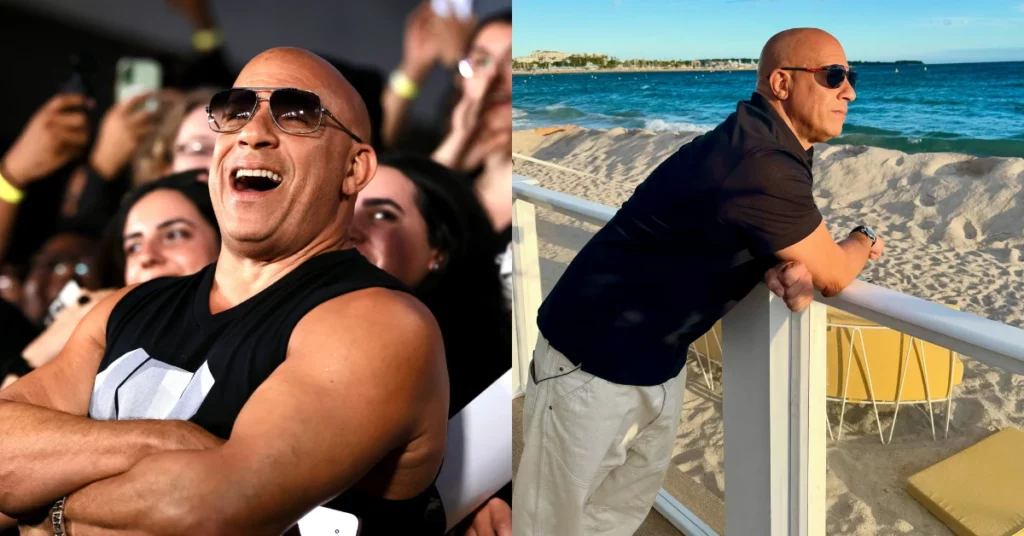 Vin Diesel dá indícios de que assumirá a direção de Velozes e Furiosos; entenda Montagem mostra Vin Diesel sorrindo em evento e posando de óculos escuros diante do mar