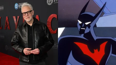 James Gunn aparece ao lado de uma imagem de Batman do Futuro, animação que o cineasta gostaria de adaptar para os cinemas.