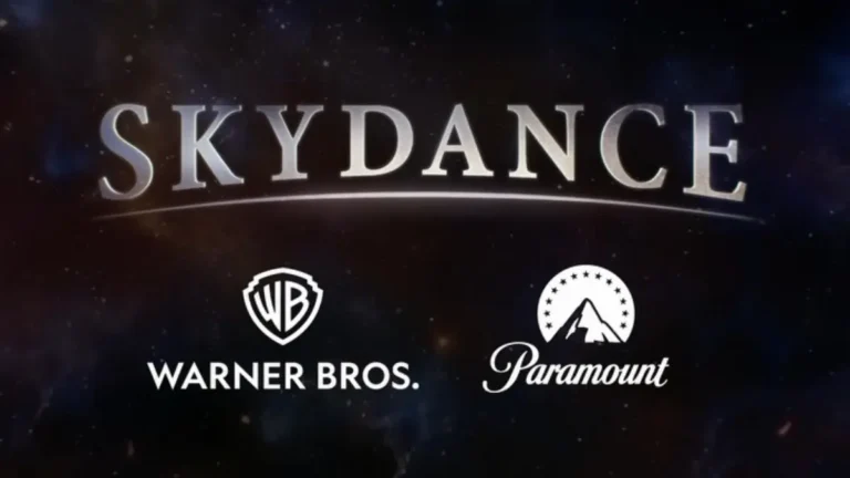 Logo da Skydance acima dos logotipos da Warner Bros. e da Paramount, representando a união das empresas em um novo conglomerado.
