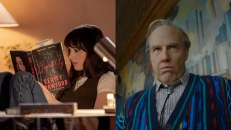 qual pode ser o alt text da iamgem detsque Alt text sugerido: Imagem dividida mostra Dakota Johnson lendo o livro Verity e Tom Cruise em cena do filme Digger.